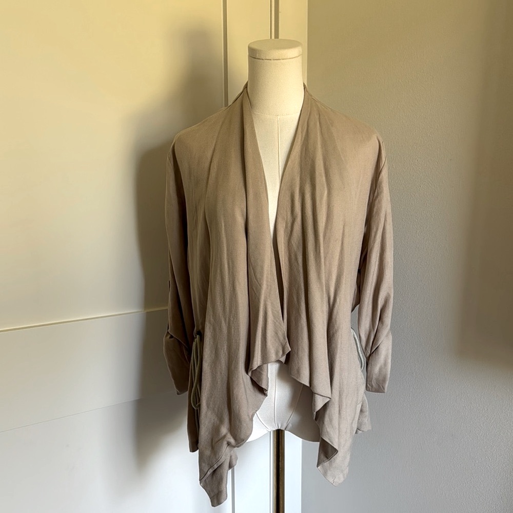 Sinuous Khaki Drape Front Casual Jacket Tencel/Linen